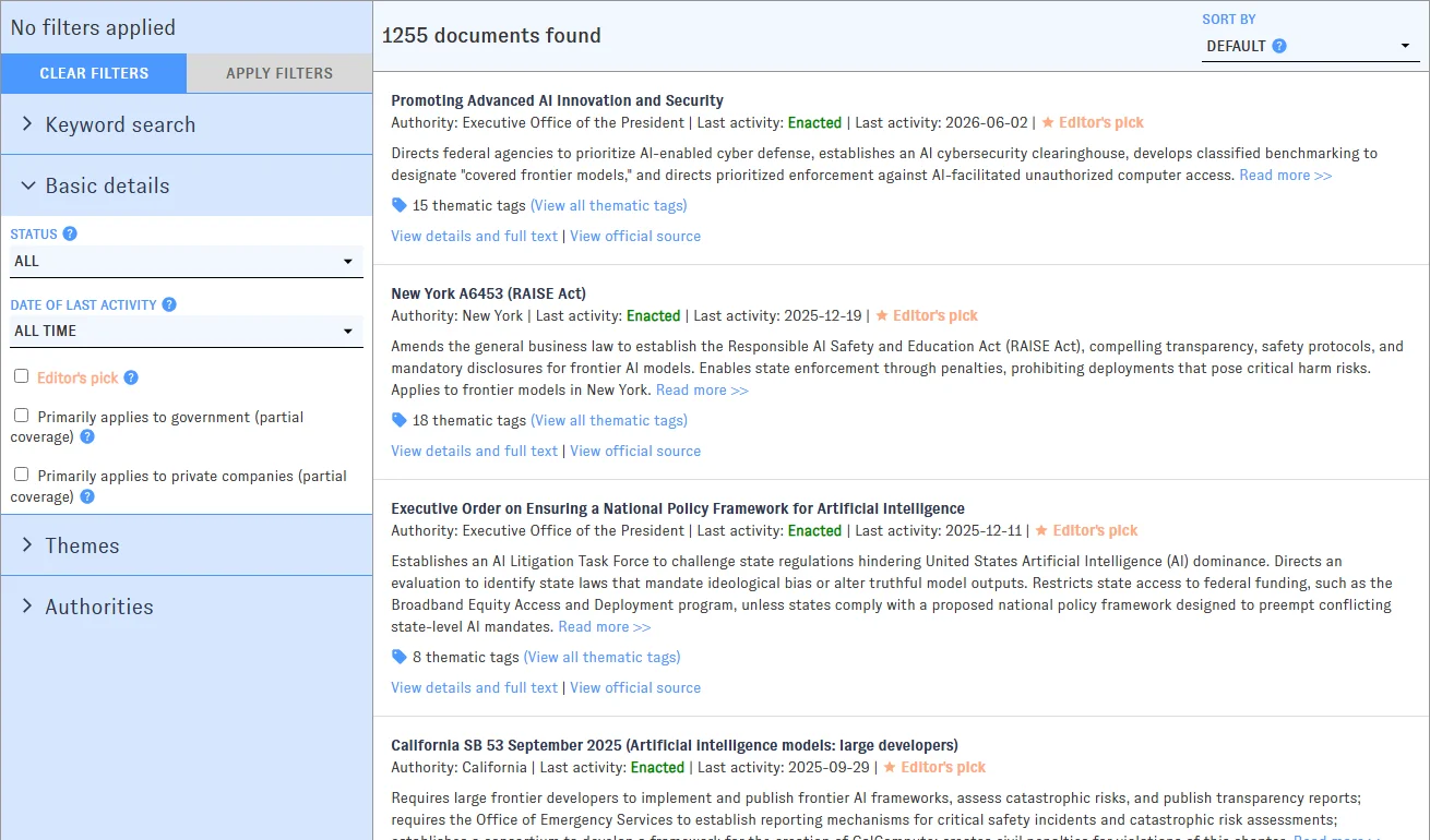 AGORA policy search interface with policy records and filters