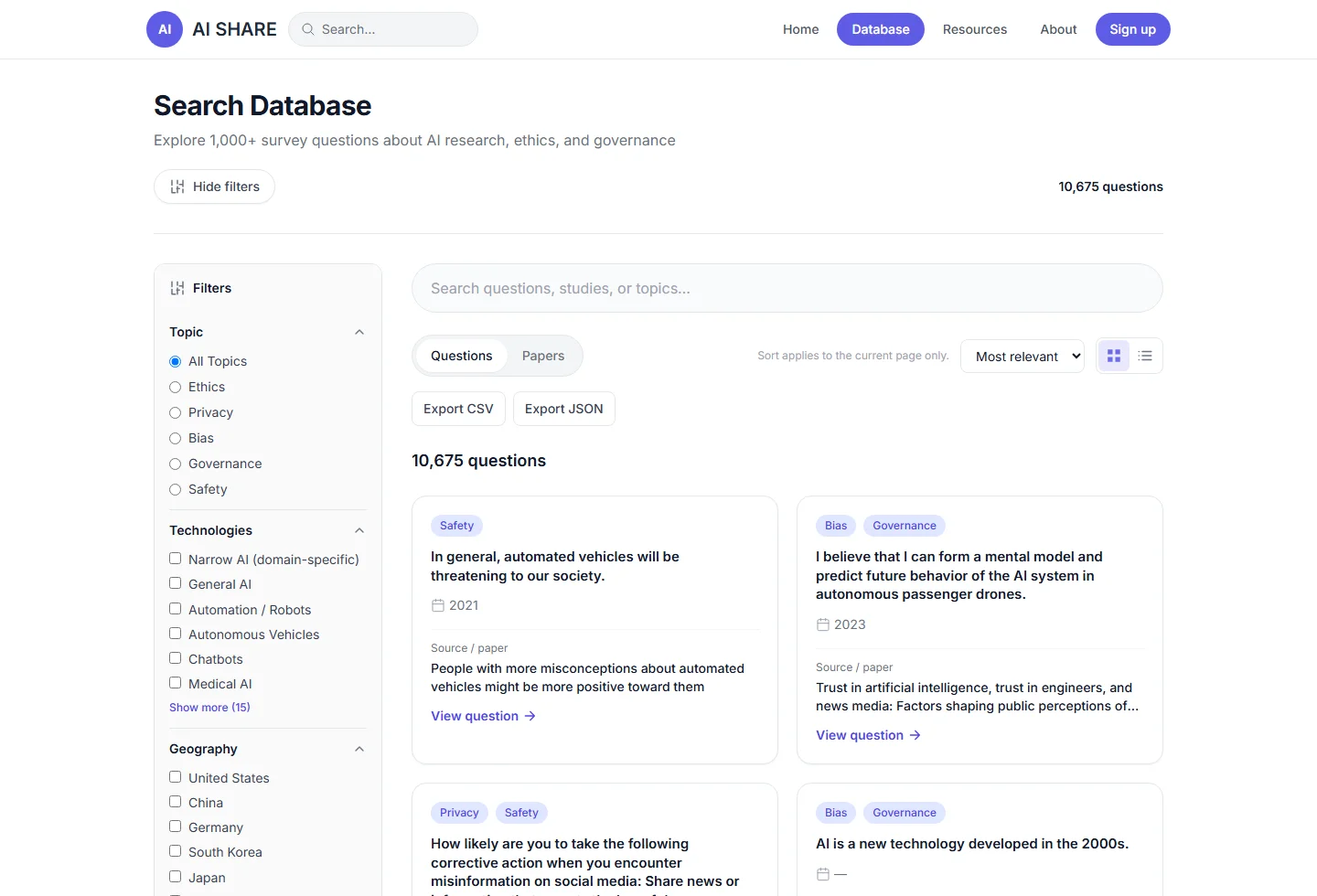AI SHARE database with survey questions and study filters