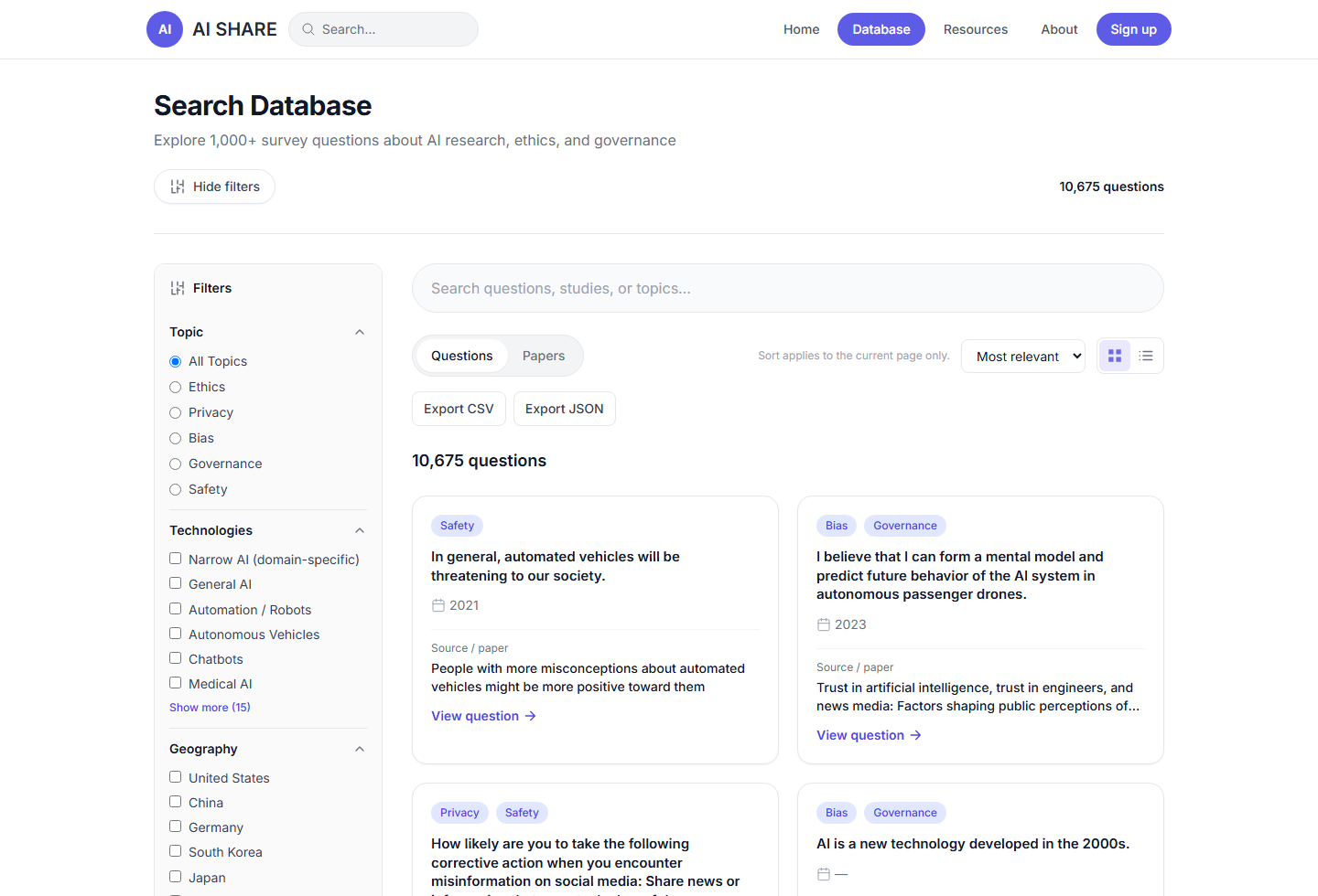 AI SHARE database interface, with survey questions beside filters for topics, technologies, and geography