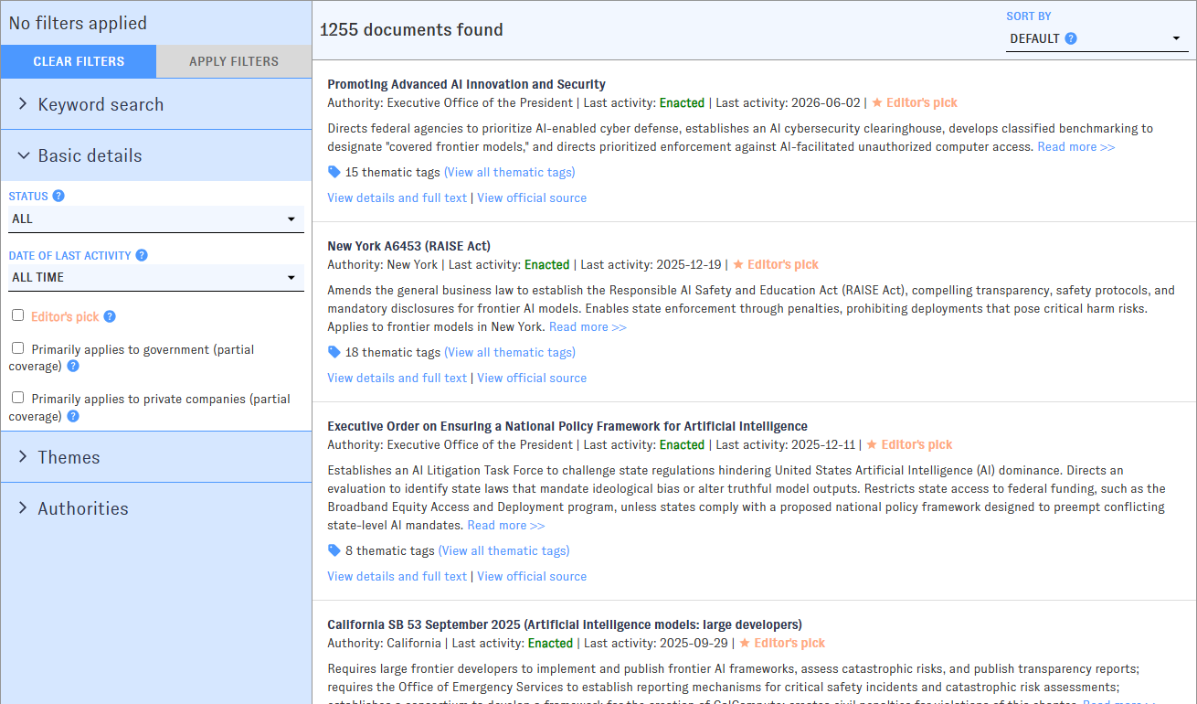 AGORA’s search interface, with jurisdiction and theme filters alongside policy documents